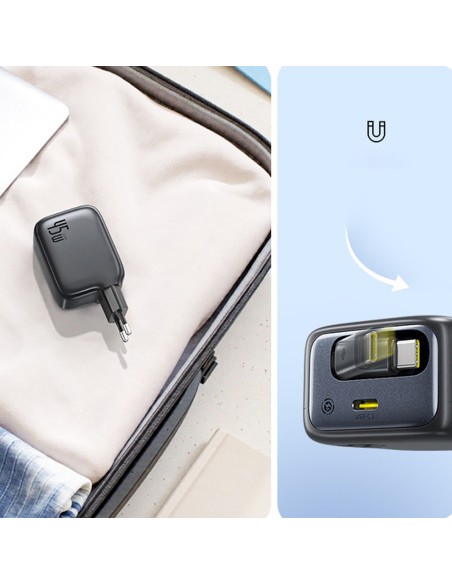 
„EnerCore CJ11“ 45 W USB-C sieninis įkroviklis su ištraukiamu USB-C laidu – juodas
