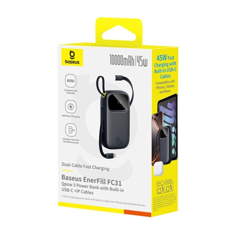 
„EnerFill FC31“ 10000mAh 45W išorinė baterija su USB-C „iPhone“ „Lightning“ laidu – juoda
