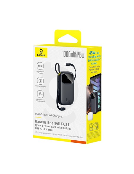 
„EnerFill FC31“ 10000mAh 45W išorinė baterija su USB-C „iPhone“ „Lightning“ laidu – juoda
