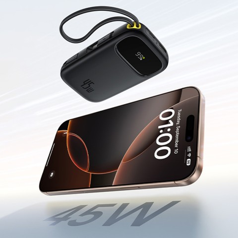 
„EnerFill FC31“ 10000mAh 45W išorinė baterija su USB-C „iPhone“ „Lightning“ laidu – juoda
