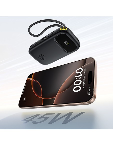 
„EnerFill FC31“ 10000mAh 45W išorinė baterija su USB-C „iPhone“ „Lightning“ laidu – juoda
