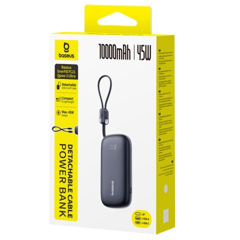 
„EnerFill FC21 Qpow 3 Ultra“ 10000mAh 45W išorinė baterija su laido dirželiu - juoda
