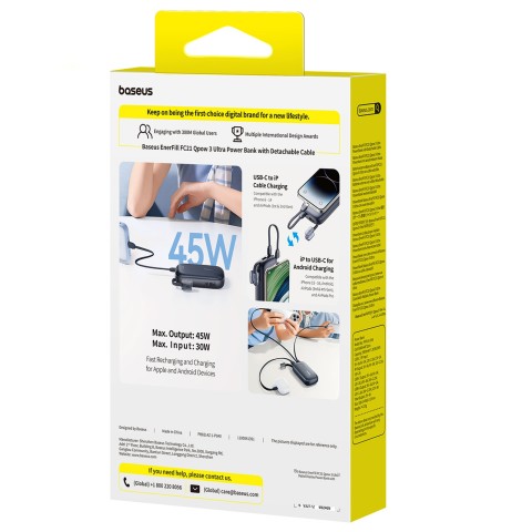 
„EnerFill FC21 Qpow 3 Ultra“ 10000mAh 45W išorinė baterija su laido dirželiu - juoda
