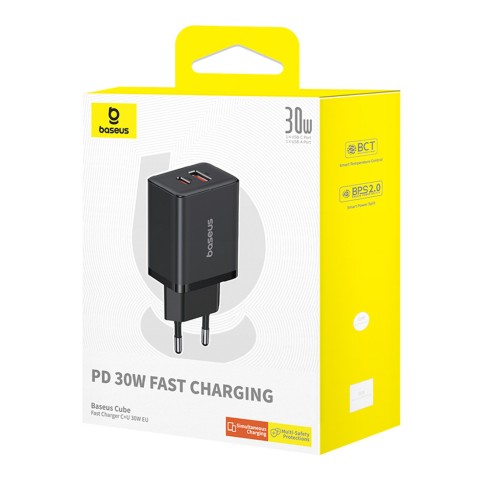 
„Cube Pro“ 30 W USB-C ir USB-A sieninis įkroviklis – juodas
