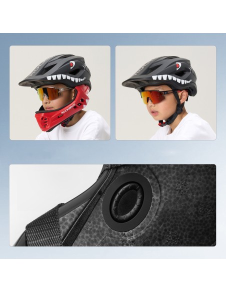 
Vaikiškas dviračio šalmas su nuimamu smakru, S dydis 48-52 cm - juodo ryklio formos

