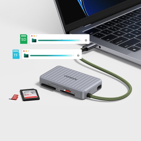 
SD microSD USB-C atminties kortelių skaitytuvas – pilkas
