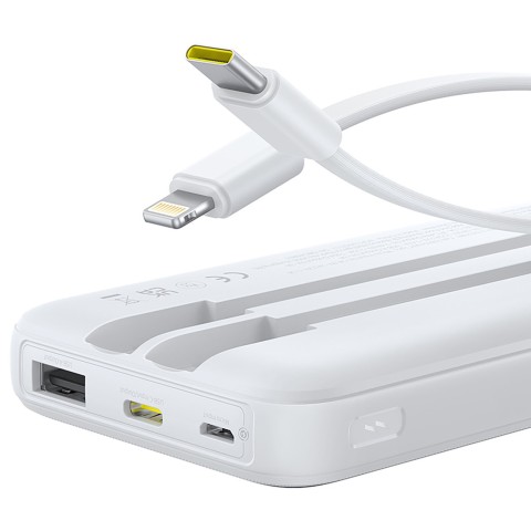 
„Lipow“ 10000mAh 22,5W išorinė baterija su integruotu USB-C „iPhone“ „Lightning“ laidu – balta
