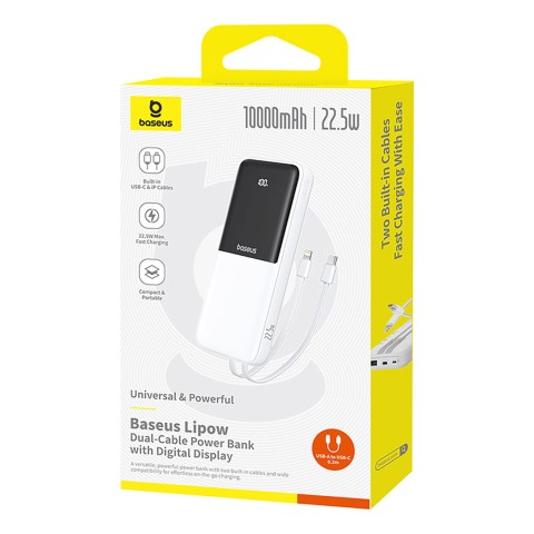 
„Lipow“ 10000mAh 22,5W išorinė baterija su integruotu USB-C „iPhone“ „Lightning“ laidu – balta
