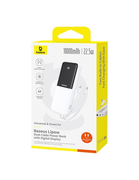 
„Lipow“ 10000mAh 22,5W išorinė baterija su integruotu USB-C „iPhone“ „Lightning“ laidu – balta
