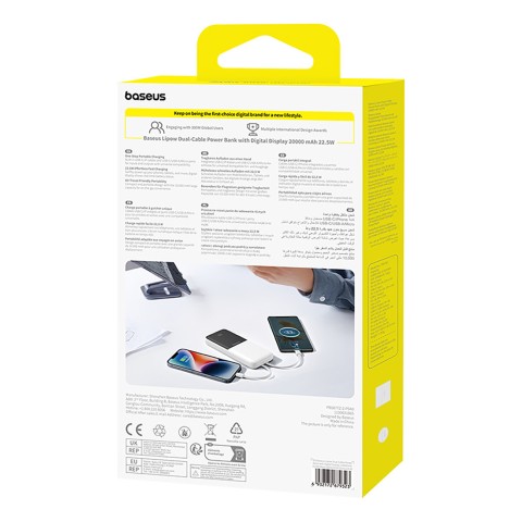 
„Lipow“ 10000mAh 22,5W išorinė baterija su integruotu USB-C „iPhone“ „Lightning“ laidu – balta
