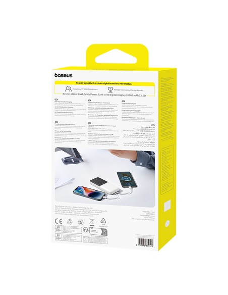 
„Lipow“ 10000mAh 22,5W išorinė baterija su integruotu USB-C „iPhone“ „Lightning“ laidu – balta
