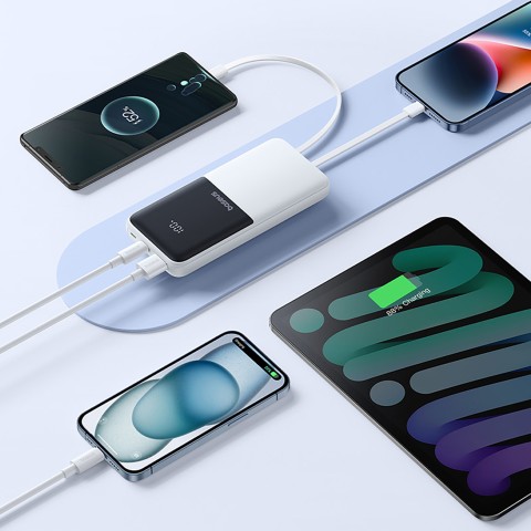 
„Lipow“ 10000mAh 22,5W išorinė baterija su integruotu USB-C „iPhone“ „Lightning“ laidu – balta
