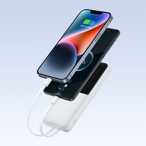 
„Lipow“ 10000mAh 22,5W išorinė baterija su integruotu USB-C „iPhone“ „Lightning“ laidu – balta
