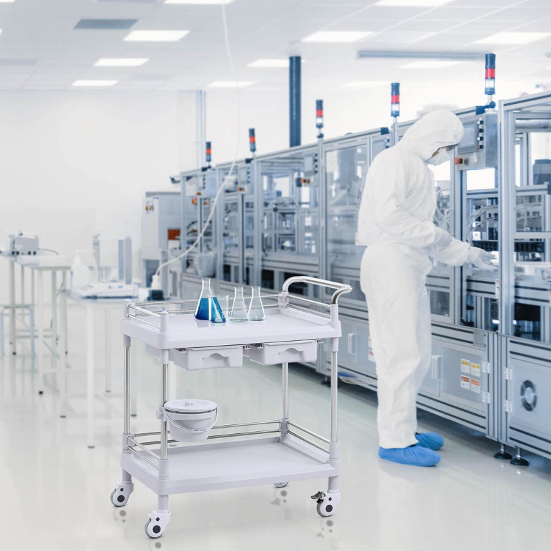 Kosmetikos procedūrų laboratorinis vežimėlis su 2 lentynomis ir 2 stalčiais 83 x 72 x 91 cm 40 kg