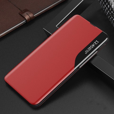 
„Samsung Galaxy S25“ ekologiškos odos dėklas su atlenkiamu stovu – raudonas
