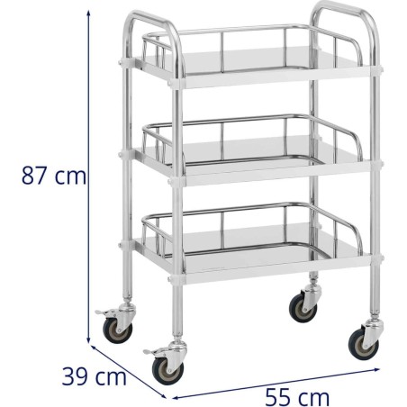 Kosmetinio gydymo laboratorinis vežimėlis iš plieno 3 lentynos 55 x 39 x 87 cm 15 kg Kosmetinio gydymo laboratorinis vežimėlis iš plieno 3 lentynos 55 x 39 x 87 cm 15 kg