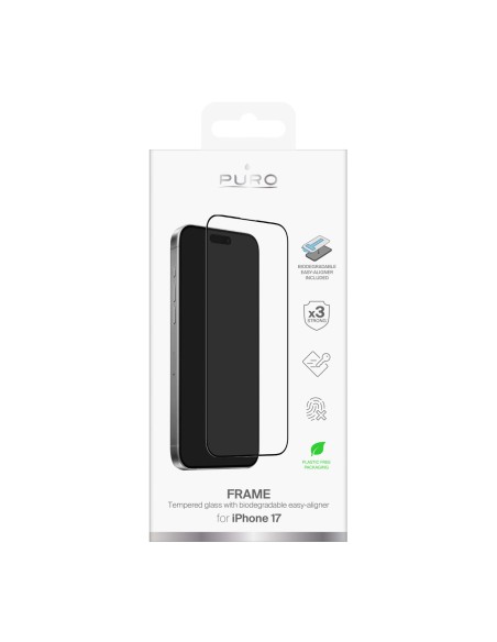 
Grūdintas stiklas iPhone 17 su aplikatoriumi ir juodu „Puro Frame“ rėmeliu
