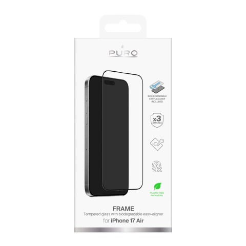 
Grūdintas stiklas, skirtas „iPhone 17 Pro“ su aplikatoriumi ir juodu „Puro Frame“ rėmeliu

