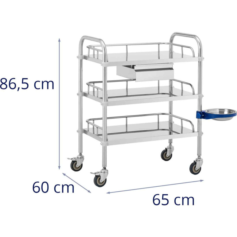 Kosmetinio gydymo laboratorinis vežimėlis iš plieno 3 lentynos 1 stalčius 65 x 60 x 86,5 cm 15 kg