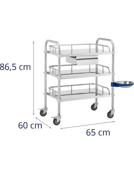 Kosmetinio gydymo laboratorinis vežimėlis iš plieno 3 lentynos 1 stalčius 65 x 60 x 86,5 cm 15 kg Kosmetinio gydymo laboratorinis vežimėlis iš plieno 3 lentynos 1 stalčius 65 x 60 x 86,5 cm 15 kg