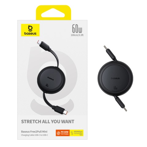 
USB-C Free2Pull 60W 1m ištraukiamas laidas – juodas
