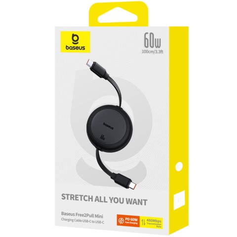 
USB-C Free2Pull 60W 1m ištraukiamas laidas – juodas
