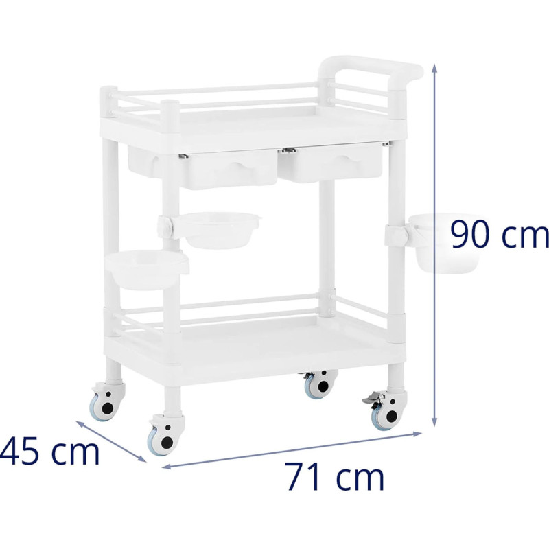 Kosmetikos laboratorinis vežimėlis 2 lentynos 2 stalčiai 3 konteineriai 71 x 45 x 90 cm 20 kg
