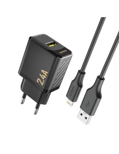 
USB-A sieninis įkroviklis su USB-A laidu – „iPhone Lightning 2.4A GaN EU“ – juodas
