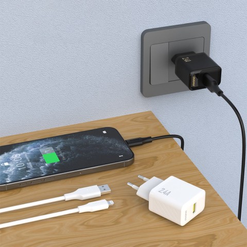 
USB-A sieninis įkroviklis su USB-A laidu – „iPhone Lightning 2.4A GaN EU“ – juodas
