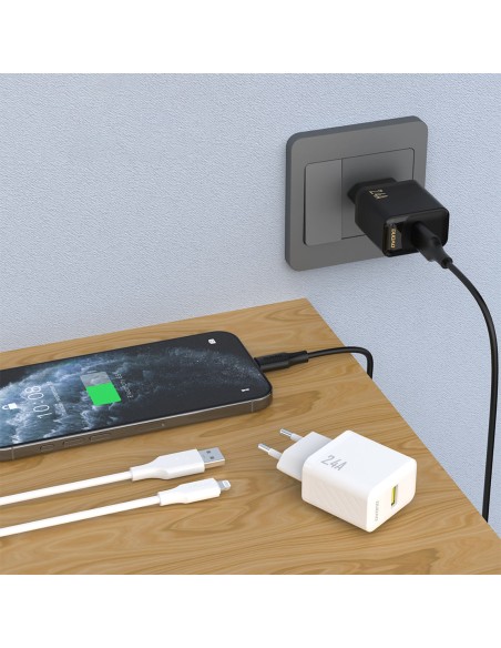
USB-A sieninis įkroviklis su USB-A laidu – „iPhone Lightning 2.4A GaN EU“ – juodas
