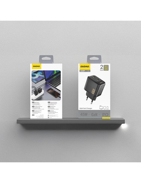 
2xUSB-C GaN PD 45W sieninis įkroviklis - juodas

