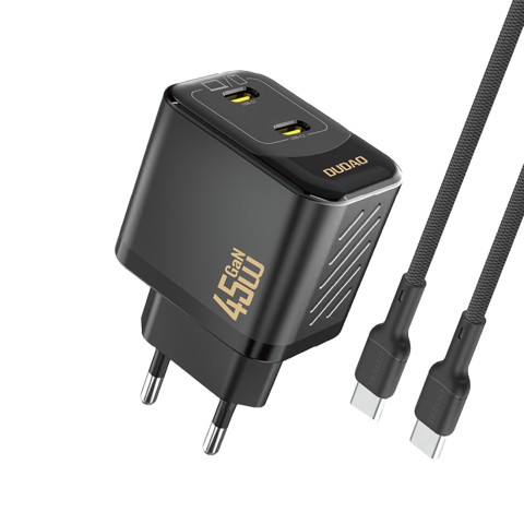
2xUSB-C sieninis įkroviklis su USB-C GaN PD 45W laidu - juodas
