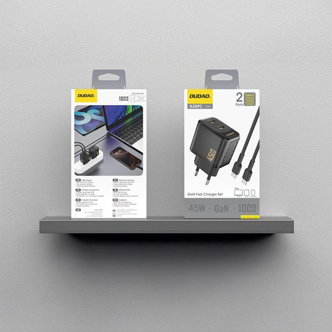 
2xUSB-C sieninis įkroviklis su USB-C GaN PD 45W laidu - juodas
