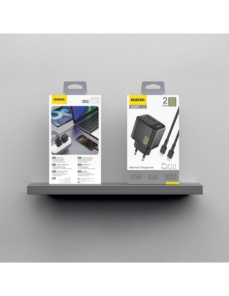 
2xUSB-C sieninis įkroviklis su USB-C GaN PD 45W laidu - juodas
