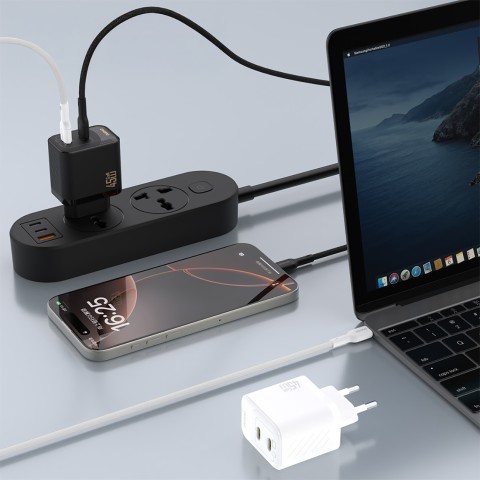 
2xUSB-C sieninis įkroviklis su USB-C GaN PD 45W laidu - juodas
