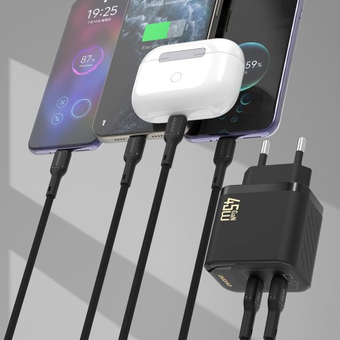 
2xUSB-C sieninis įkroviklis su USB-C GaN PD 45W laidu - juodas
