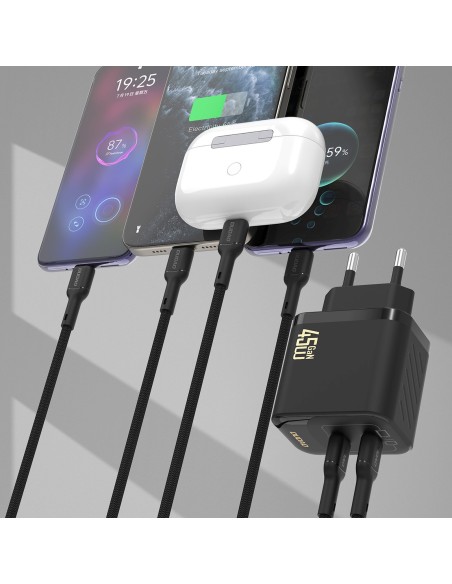 
2xUSB-C sieninis įkroviklis su USB-C GaN PD 45W laidu - juodas
