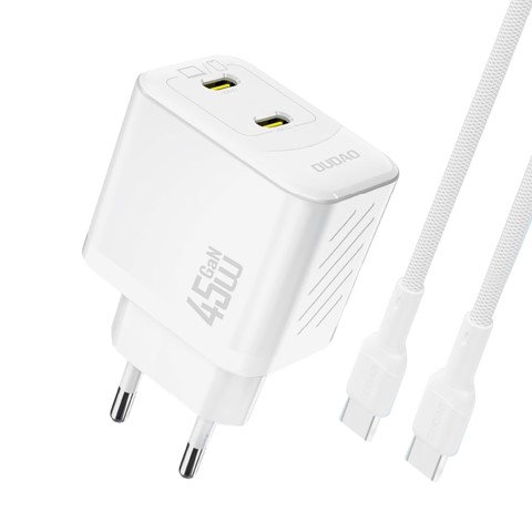 
2xUSB-C sieninis įkroviklis su USB-C GaN PD 45W laidu - baltas
