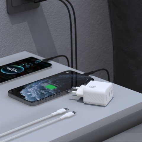
2xUSB-C sieninis įkroviklis su USB-C GaN PD 45W laidu - baltas
