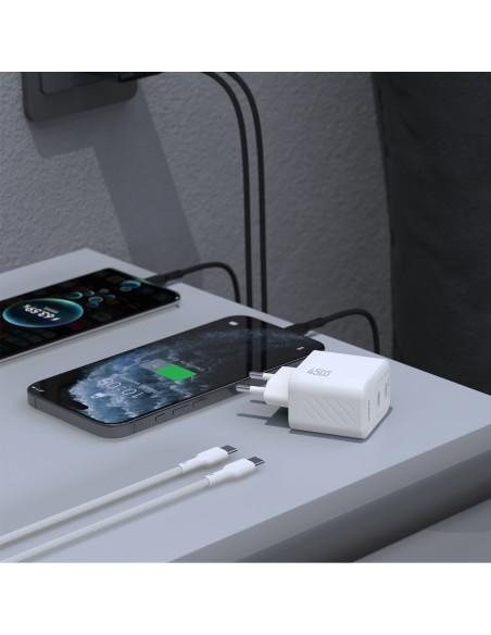 
2xUSB-C sieninis įkroviklis su USB-C GaN PD 45W laidu - baltas
