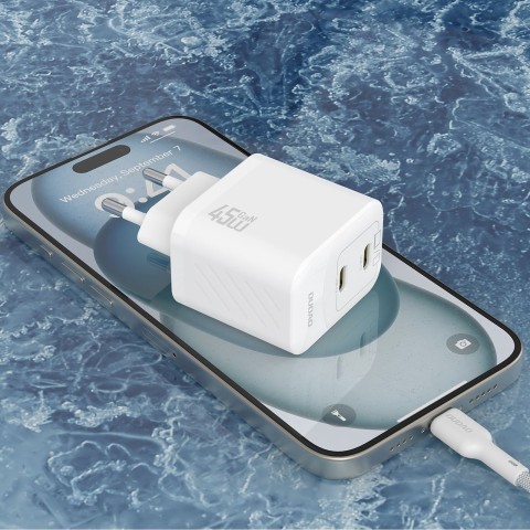 
2xUSB-C sieninis įkroviklis su USB-C GaN PD 45W laidu - baltas
