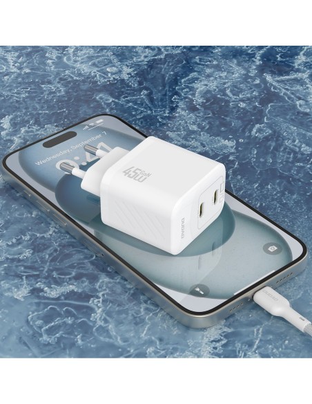 
2xUSB-C sieninis įkroviklis su USB-C GaN PD 45W laidu - baltas

