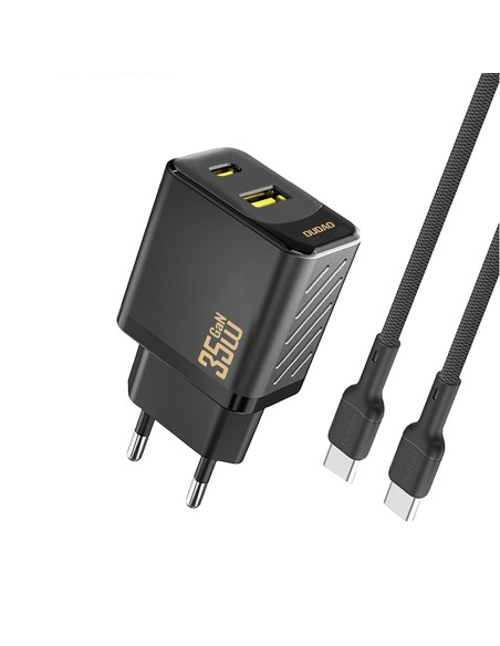 
USB-A USB-C sieninis įkroviklis su USB-C PD QC 35W laidu – juodas
