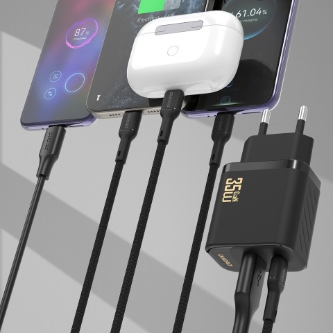 
USB-A USB-C sieninis įkroviklis su USB-C PD QC 35W laidu – juodas

