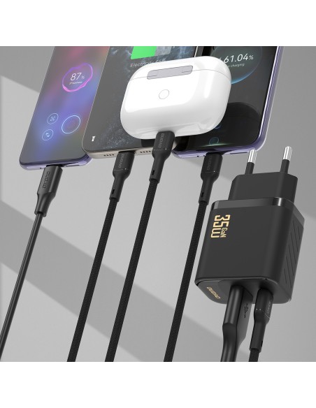 
USB-A USB-C sieninis įkroviklis su USB-C PD QC 35W laidu – juodas
