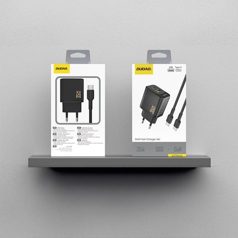 
USB-A USB-C sieninis įkroviklis su USB-C PD QC 35W laidu – juodas
