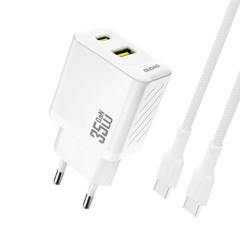 
USB-A USB-C sieninis įkroviklis su USB-C PD QC 35W laidu – baltas
