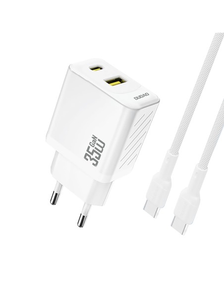 
USB-A USB-C sieninis įkroviklis su USB-C PD QC 35W laidu – baltas
