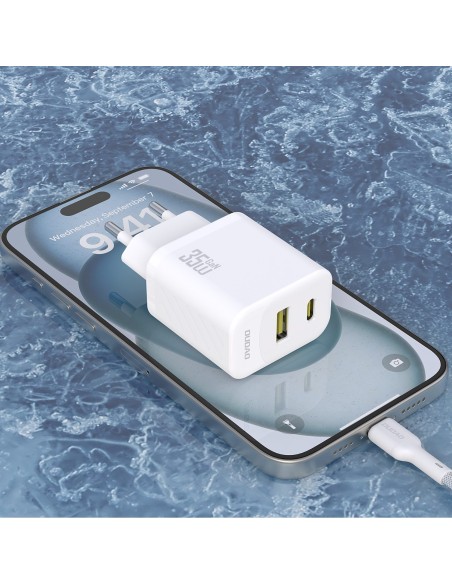 
USB-A USB-C sieninis įkroviklis su USB-C PD QC 35W laidu – baltas
