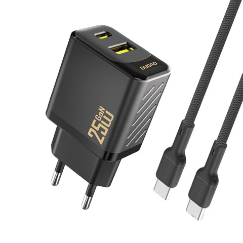 
USB-A USB-C sieninis įkroviklis su USB-C GaN PD QC 25W laidu – juodas
